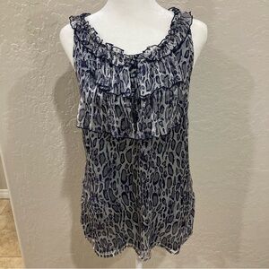 🩵 2/$15 Cynthia Rowley 100% Silk Blue Gray Black Leopard Print Ruffle Top Size S